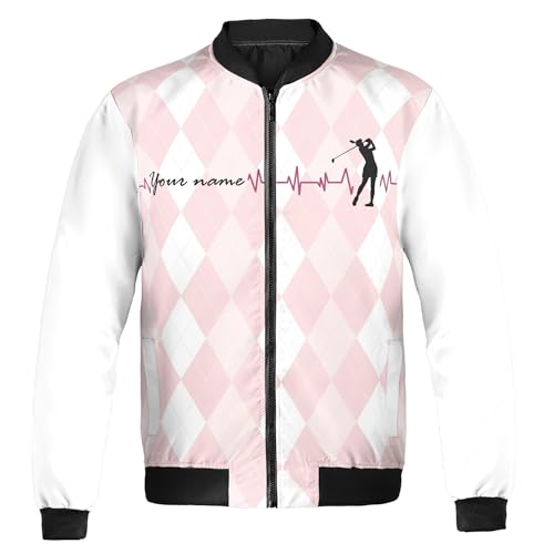 Custom Name Golf Girl Pink and White Argyle Pattern Bomber Jacket S-5XL2