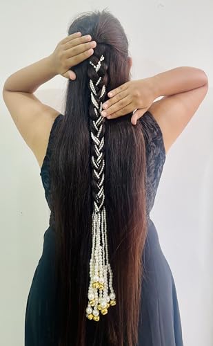 Image of Zippy Flora Mukta Pearl Parandi | Handmade Boho Traditional Paranda Hair Accessory with Pearl Embellishments & Ghoonghru | Women's Ethnic Hair Extension for Choti, Braids & Patiala Shahi Hairstyles