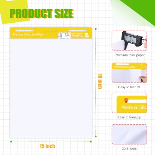 ReliThick 2 Pads Premium Mini Sticky Easel Pad, 15 in x 18 In, White 30 Sheets/Pad, Anchor Chart Paper for Teachers, Flip Chart Paper with Sticky Large Self Stick Super Sticking (Yellow)