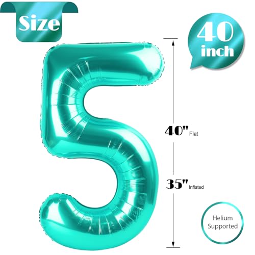Image of Teal 5 Balloon, Number Balloons 40 Inch, 5th Birthday Balloon Decorations, Teal Party Supplies, 5 Number Balloons, Number 5