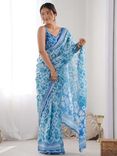 Image of Panzora Women's Chinon Printed Saree With Unstitched Blouse Piece