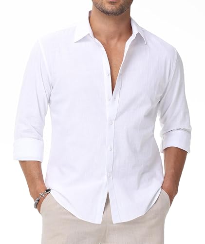 Linen Shirts for Men Casual Button Down Long Sleeve Shirt Solid Summer Beach Hawaiian Shirts