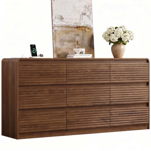 Gyfimoie Walnut Fluted 9-Drawer Dresser for Bedroom w/Power Outlet