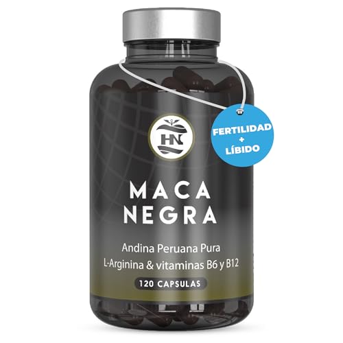 Maca Negra Andina Peruana con L arginina   120 Capsulas 24000mg Altamente concentrada 20:1 para máxima energía y rendimiento, Vitaminas B6 y B12 contra cansancio y fatiga, Maka para hombres y mujeres