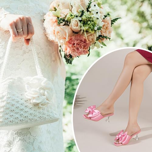 Heiyom Women's Bow Clear Heels Slippers Dress Sandals Square Toe Stiletto Mules Slip on Wedding Prom Shoes4