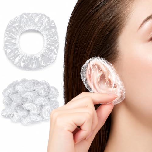 Image of 100 Pcs Waterproof Disposable Ear Cover Caps | Transparent Elastic Ear Protector for Hair Colour Shower Bathing | Salon Home Use | Ear Shield for Piercing Wound Care | Unisex Free Size (Clear)