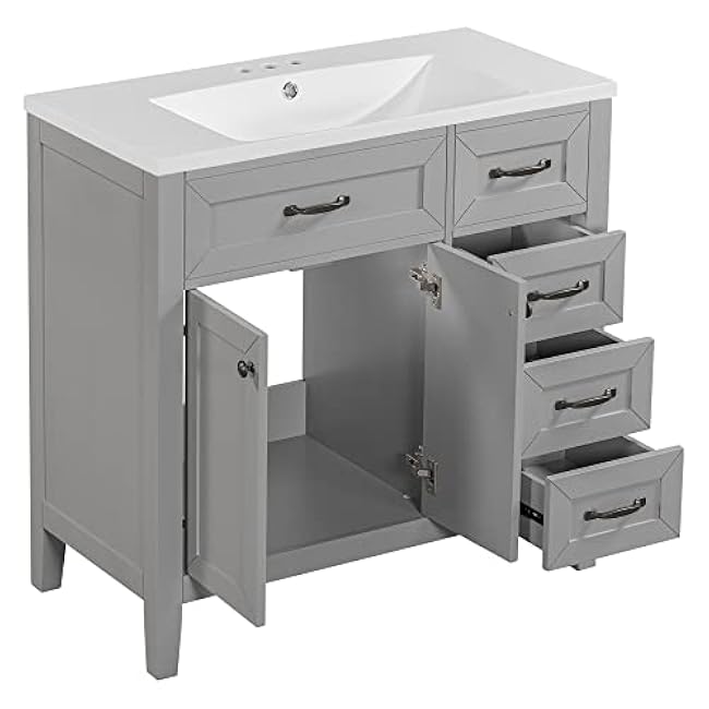 Maximize Bathroom Storage with 36 Vanity and Sink Combo, Grey Solid Wood Cabinet with Drawers and Smooth Ceramic Sink