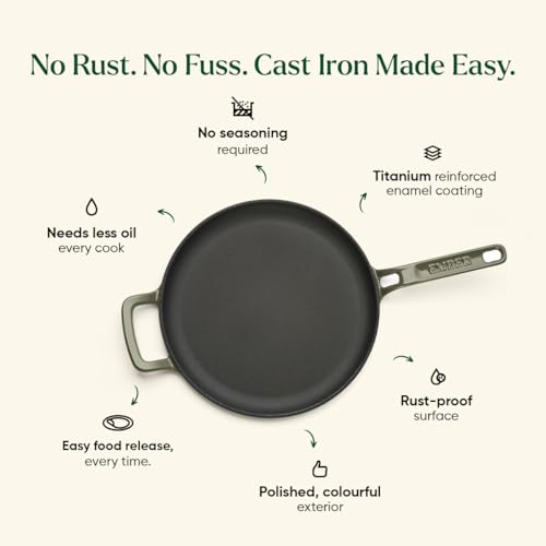 Image of Ember Cookware TitaniumClad Enamel Cast Iron Tawa for Dosa 27 cm | 10-Year Warranty | Rust-Proof Cast Iron Tawa for Roti & Dosa | Non Stick Dosa Tawa | Heavy Duty Induction Cookware | Sage