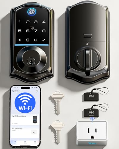 Veise VE017G Wi-Fi Keyless Entry Door Lock, App Remote & Voice Control, Fingerprint Smart Locks for Front Door, Touchscreen Electronic Keypad Deadbolt, Auto Lock, Emergency Power Port, Matte Black