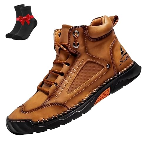 Botas de Senderismo de Cuero con Punta Ancha for Hombre, cómodas Botas de Cuero Hechas a Mano, Botines Antideslizantes(Brown,39 EU)