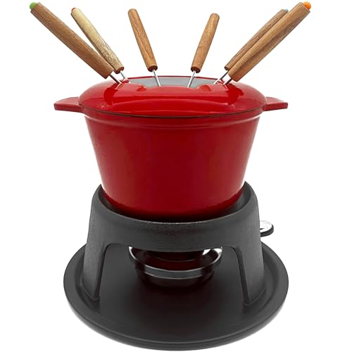 Andrew James Fondue Set for Cheese or Chocolate, Red Enamelled Cast Iron with 130mml Capacity and Gel Fuel Burner, Cast Iron Pot On Tripod with 22cm Base, Includes 8 Colour Coded Fondue Forks