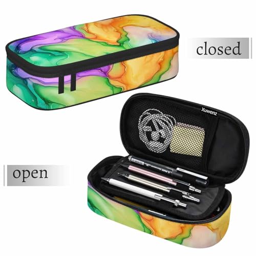 Image of Abstract Print Pencil Case Colorful Fluid Waves Golden Swirls Pencil Bag Pouch Box Organizer for College School Students Boy Girl