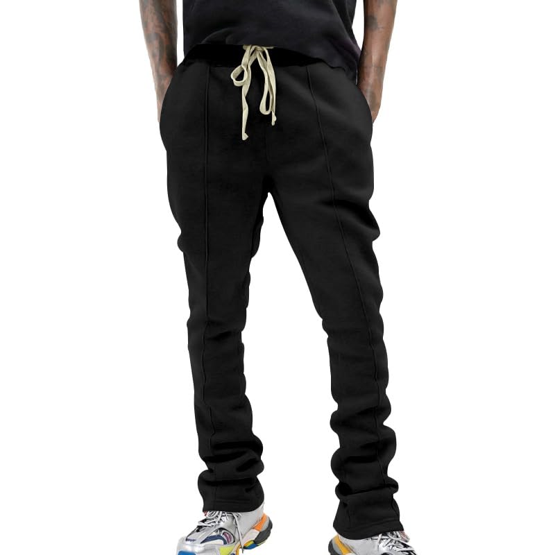 Hip Hop Style High Street Pants for Men Drawstring Stacked Pants with Pockets Casual Slim Fit Stretch Trendy Trousers