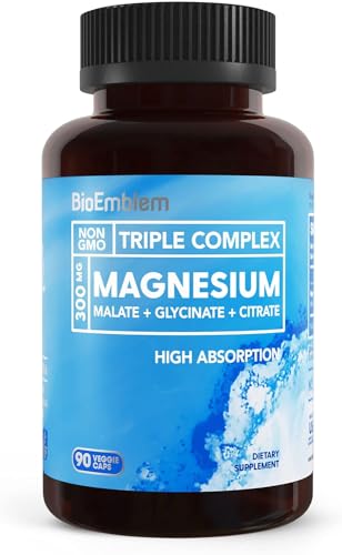 BioEmblem Triple Magnesium Complex | 300mg Magnesium Glycinate, Malate & Citrate | High Absorption Chelated Formula | Vegan, Non-GMO, Gluten-Free | 90 Capsules