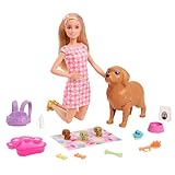 Barbie Doll and Pets Playset, Blonde Doll with Mommy Dog and 3 Puppies, Colour Changing Features Pet Accessories, Toys for Ages 3 and Up, One Doll with Dogs, HCK75