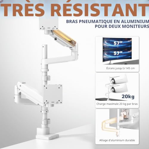 Support écran PC 2 écran idéal pour le multitâche et le télétravail sur grand bureau