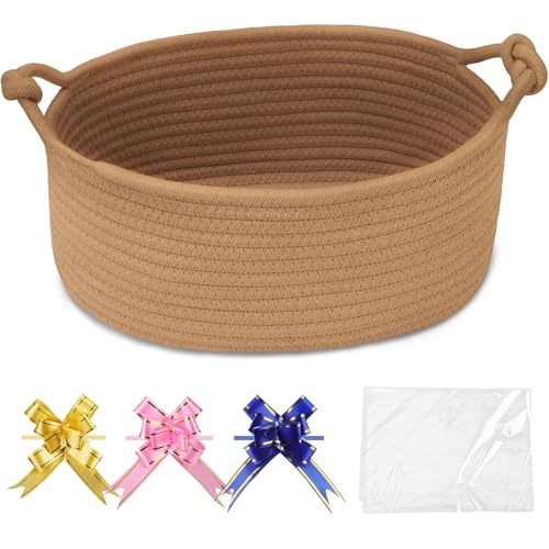 Image of COMSE Small Gift Basket Empty with Bag & Ribbons, Solid Camel