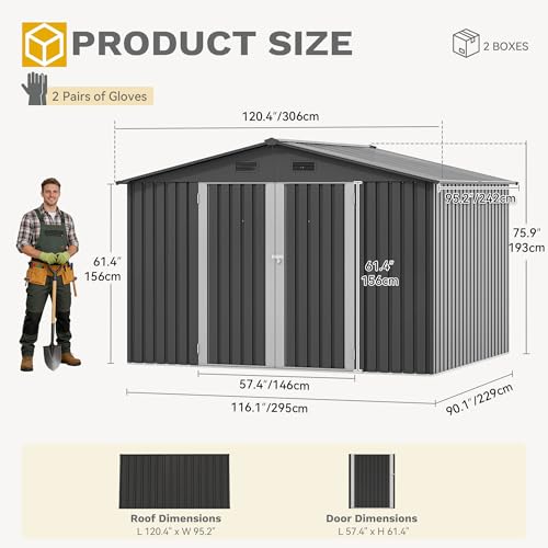 Image of DWVO 10x8FT Outdoor Storage Shed with Lockable Doors & Ventilation | Spacious Metal Shed for Patio, Lawn, and Backyard, Ideal for Storing Garden Equipment, Lawnmowers, and Bicycles, Dark Gray
