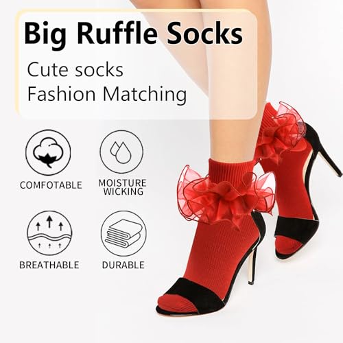 Image of Women Big Ruffle Ankle Socks Adult Double Lace Frilly Socks Fold Cuff Cotton Ruffled Dress Crew Bobby Bride Sock