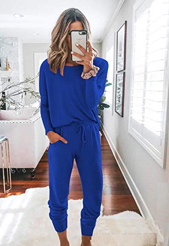 Fixmatti Women Casual 2 Piece Outfits Jumpsuit Long Sleeve Shirt And Long Pant Set M Blue #TOP1