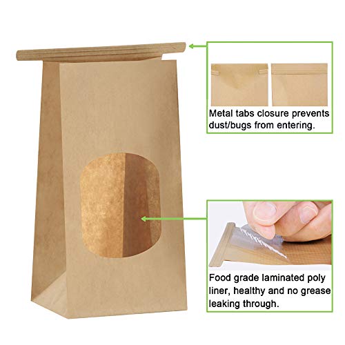 BagDream Small Bakery Bags with Window 100Pcs 3.54x2.36x6.7 Inches Tin Tie Tab Lock Kraft Brown Window Paper Bags for Coffee Bean, Cookies, Treat, Snack