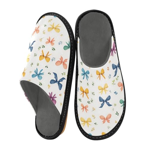 Slippers for Women Colorful Bow Leaves Pattern Soft Winter Warm Shoes Indoor Outdoor Non-Slip House Travel Slippers
