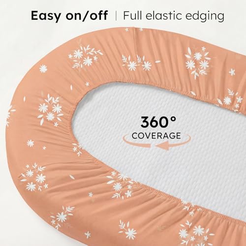 Image of Baby Bassinet Sheets, 3 Pack Fitted Bassinet Mattress Sheets, Compatible with Halo Bassinest Swivel Sleeper & Oval Hourglass Rectangle Mattress, Ultra Soft Orange Watercolor Flower