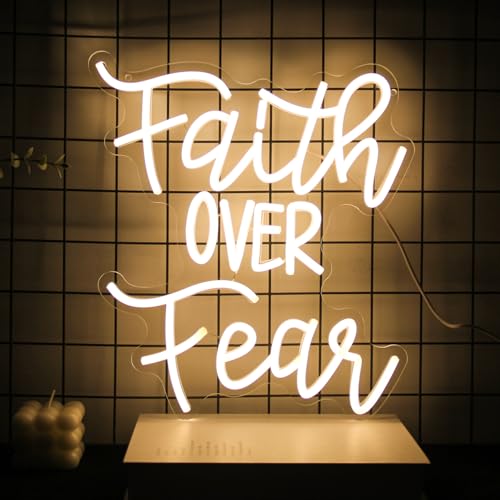 Image of Faith Over Fear Neon Sign Christian LED Neon Light for Bedroom Church Decor | Dimmable Jesus LED Sign, Warm White Letter Neon Light Sign, Christian Religious Sayings, USB Powered, Acrylic Wall Art, Gifts