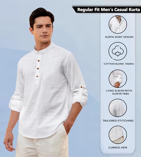 Image of Zombom Men's Solid Cotton Polyester Blend Straight Kurta Shirt, Regular Fit Full Sleeve Short Kurta Shirt