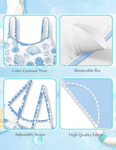 Image of Girls Swimsuit Solid Color Tankini Contrast Trim Swimwear 2 Piece Bathing Suit Padded Swimsuits for Teens 9-16Y