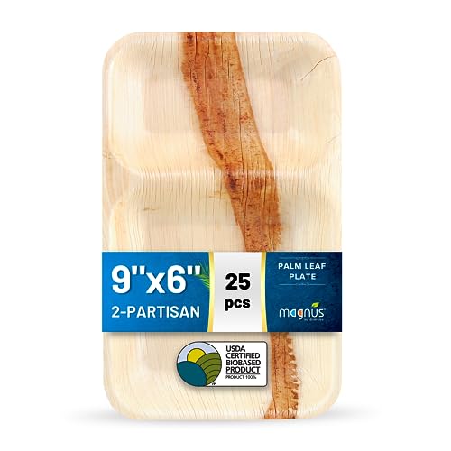 magnus | 9×6 inch Rectangle 2 Compartment Tray 25 pcs | Disposable Trays for Party | Like Bamboo Tray| Palm leaf Serveware | Serveware | Picnic Party Serveware better than Paper Trays