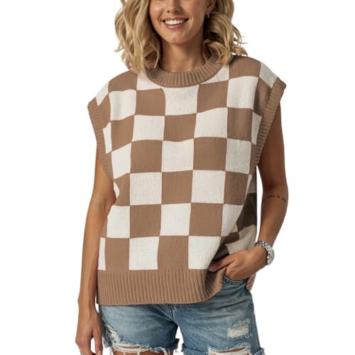Women Checkerboard Vest Sweater Knitted Sleeveless Pullover Retro Casual Loose Fit Knitwear Stylish Layering Outfit Trendy Fashion Vest Top for Everyday Office Streetwear Camel-L