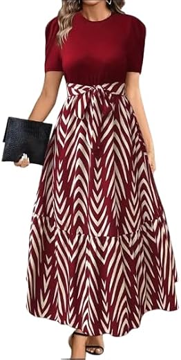 HKV Women's Elegant Short Sleeve Midi Dress, Burgundy and White Chevron Pattern, Empire Waist, A-Line Style