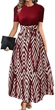 HKV Women's Elegant Short Sleeve Midi Dress, Burgundy and White Chevron Pattern, Empire Waist, A-Line Style