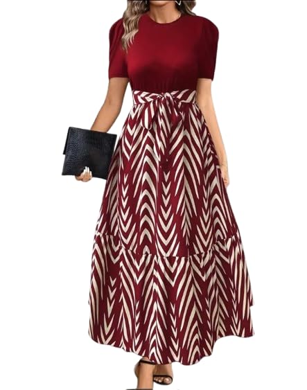 HKV Women’s Elegant Short Sleeve Midi Dress, Burgundy and White Chevron Pattern, Empire Waist, A-Line Style