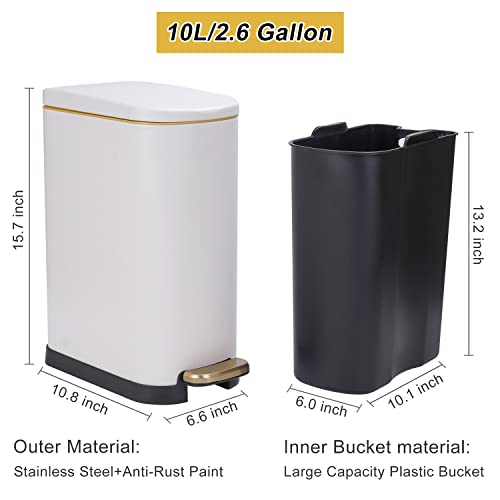 Small Bathroom Trash Can With Lid-10L/2.6 Gal Stainless Steel Step Garbage Can-Slim Metal Wastebasket-Rectangle Pedal Garbage Container Bin For Narrow Office, Kitchen, Bedroom, Toilet-Soft Close-White #TOP4