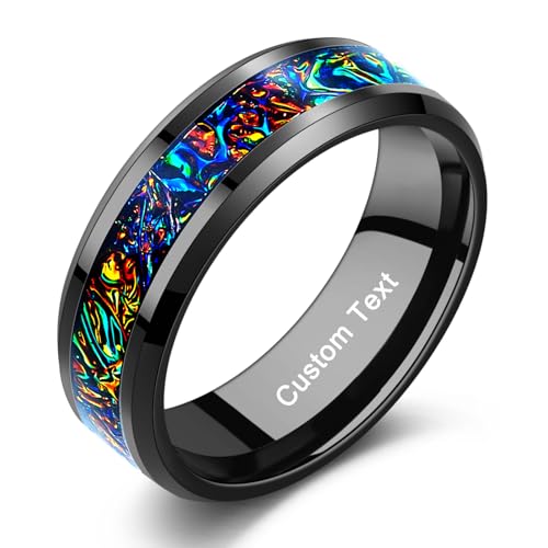 NUNCAD Custom Black Mens Wedding Ring with Dichrolam Inlay, 8mm Tungsten Rings for Engagement/Daily, Colorful Center, Beveled Edges, Comfort Fit Fashion Jewelry Gift, Size 10