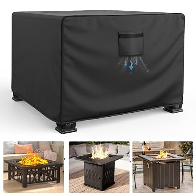 Mrrihand Fire Pit Cover Square, Waterproof and Air Vent Full Coverage Patio Fire Pit Cover, Outdoor Fire Pit Cover with Adjustable Drawstring and Handle, 36" W*36" D*20" H, Black