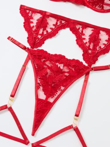 Image of Lilosy Sexy Choker Floral Lace Scallop Sheer Underwire Push Up Garter Belt Lingerie Set 3 Piece