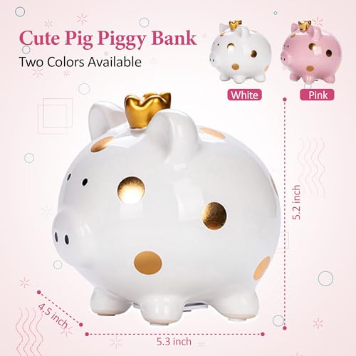 YJNSFT Piggy Bank for Girls, Small Ceramic Toddler Money Saving Bank for Boys, Porcelain Decor Coin Box, Little Decoration Pig Money Container, Unique Birthday Christmas New Year Gift for Kids (White) by YJNSFT - Image 3