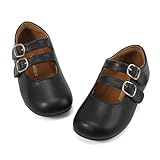 Picture of PANDANINJIA Toddler Girl Dress Shoes Mary Jane Flats Little Kid Black Pu Flower Girl School Church Size 6 Shoes