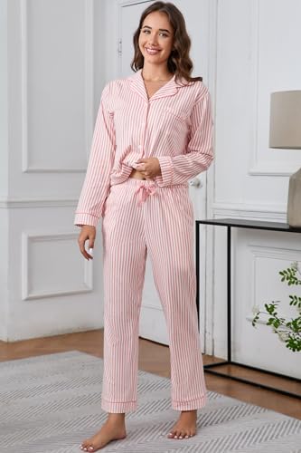 Image of LUBOT 100% Cotton Pajamas for Women Pajama Set Soft 2 Piece Sleepwear PJ Set Long Sleeve Knit Button Cozy Loungewear XS-XXL