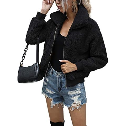 AKEWEI Women Fuzzy Fleece Coat Sherpa Bomber Jacket Zipper Poopy Sweater with Pocket Black M Cover