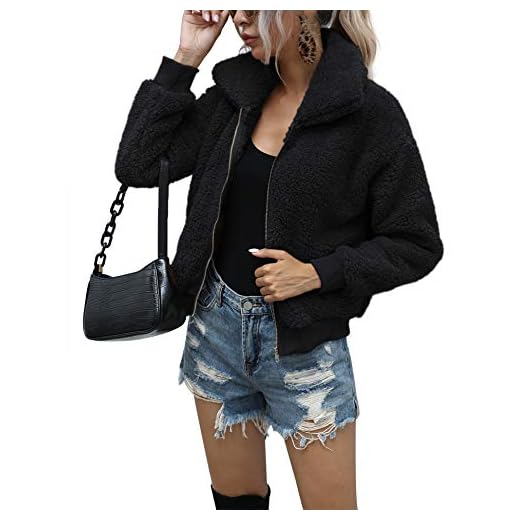 AKEWEI Women Fuzzy Fleece Coat Sherpa Bomber Jacket Zipper Poopy Sweater with Pocket Black XX-Large