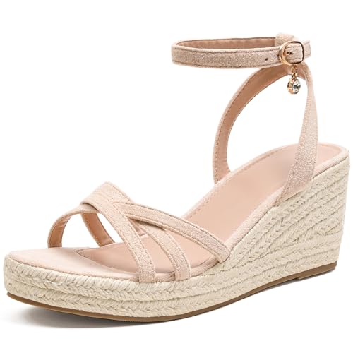 Image of Dressy Open Toe Sandals Platform Wedge Sandals with Cushioned Insole and Ankle Strap Buckle,Strappy Espadrille Wedge Sandals for Women Comfortable Summer