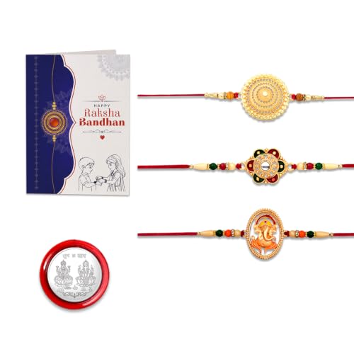 Image of Periapt Fancy Rakhi Set With Multicolor Floral Designs Pack Of 3 Designer Rakhis For Brothers Best Combo For Brothers Attractive Rakhi Set Of 3 - Perfect For Siblings Roli Chawal & Greeting Card