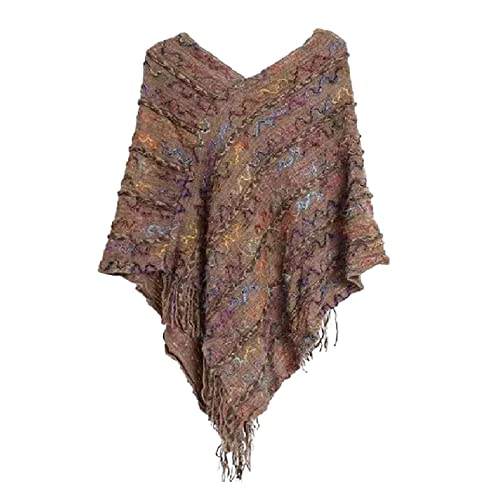 Image of Women Tassel Splice Poncho With Tassels Knitted Shawl Scarf Fringed Wraps Pashminas Sweater Pullover Cape Gifts For Women Sweater Tassel Hem Shawl Wrap Cloak (Khaki, One Size)
