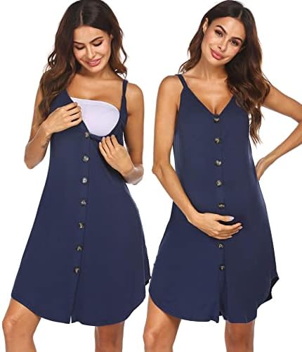 Ekouaer Nursing Nightgown Women's Maternity Dress Button Down Nightdress Sleeveless Breastfeeding Sleepwear Hospital Gown Navy Blue
