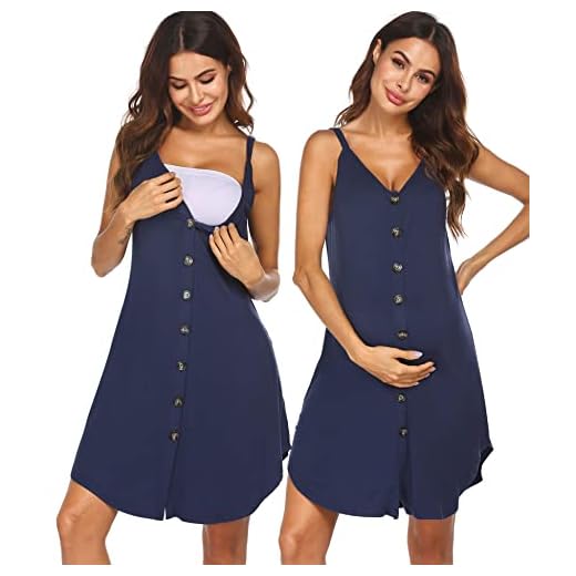 Ekouaer Nursing Nightgown Women's Maternity Dress Button Down Nightdress Sleeveless Breastfeeding Sleepwear Hospital Gown Navy Blue