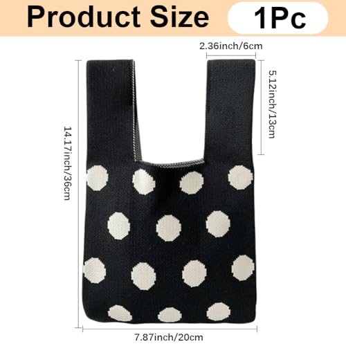 Bolso de muñeca tejido con estampado de lunares para mujer, color negro, estilo polka dot, pequeño y práctico, ideal para compras diarias o como regalo miniatura 4